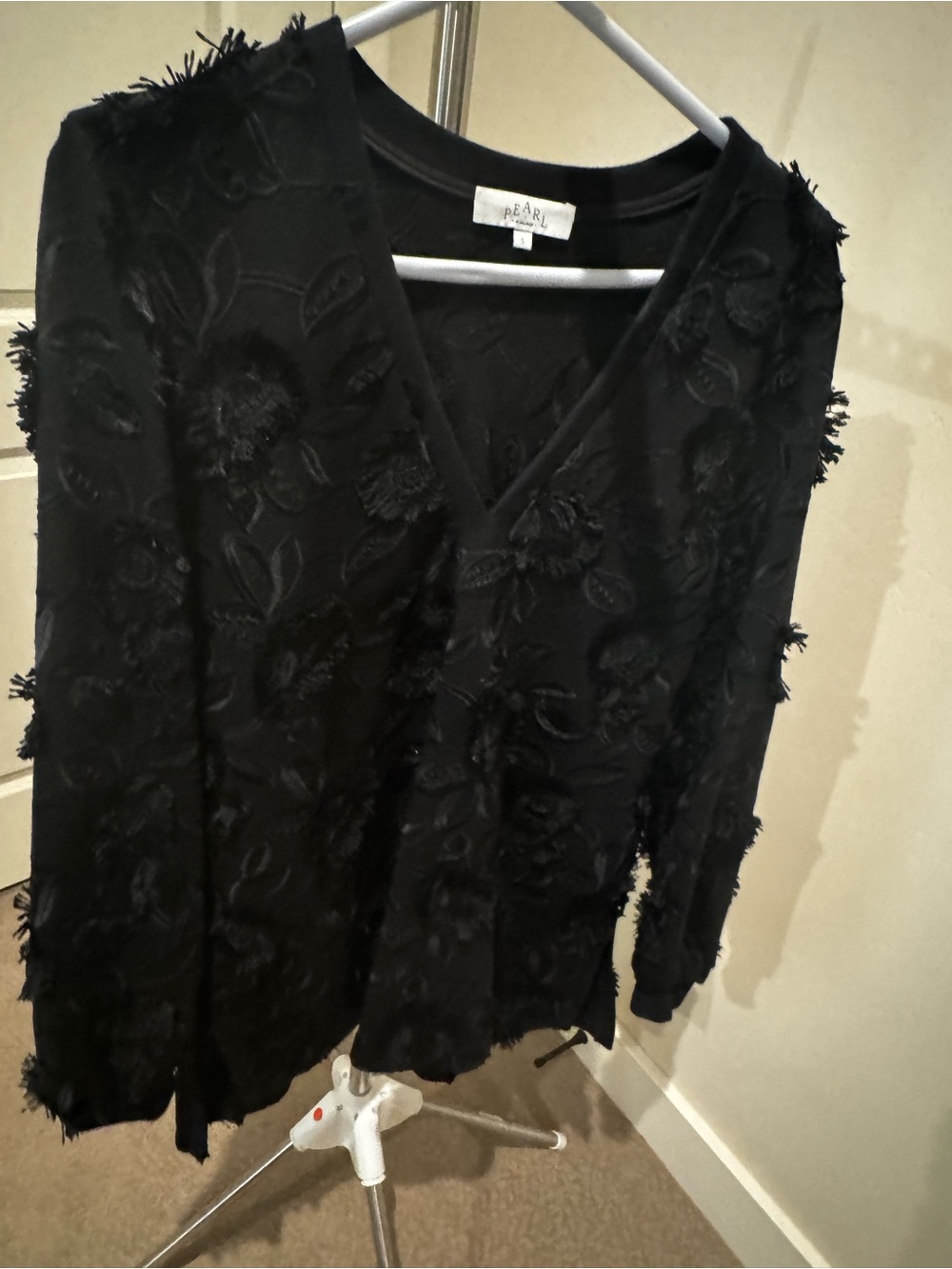 Pearl Black Floral Appliqué V-Neck Tunic